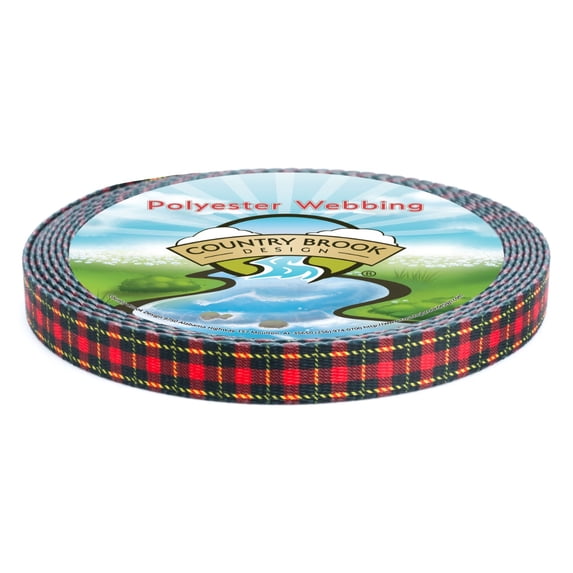 Country Brook Design® 1/2 inch Black and Red Plaid Polyester Webbing, 50 Yards