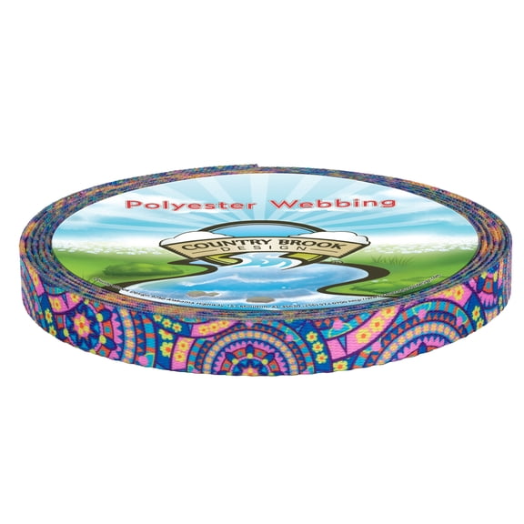 Country Brook Design® 1/2 inch Blue Boho Mandala Polyester Webbing, 5 Yards