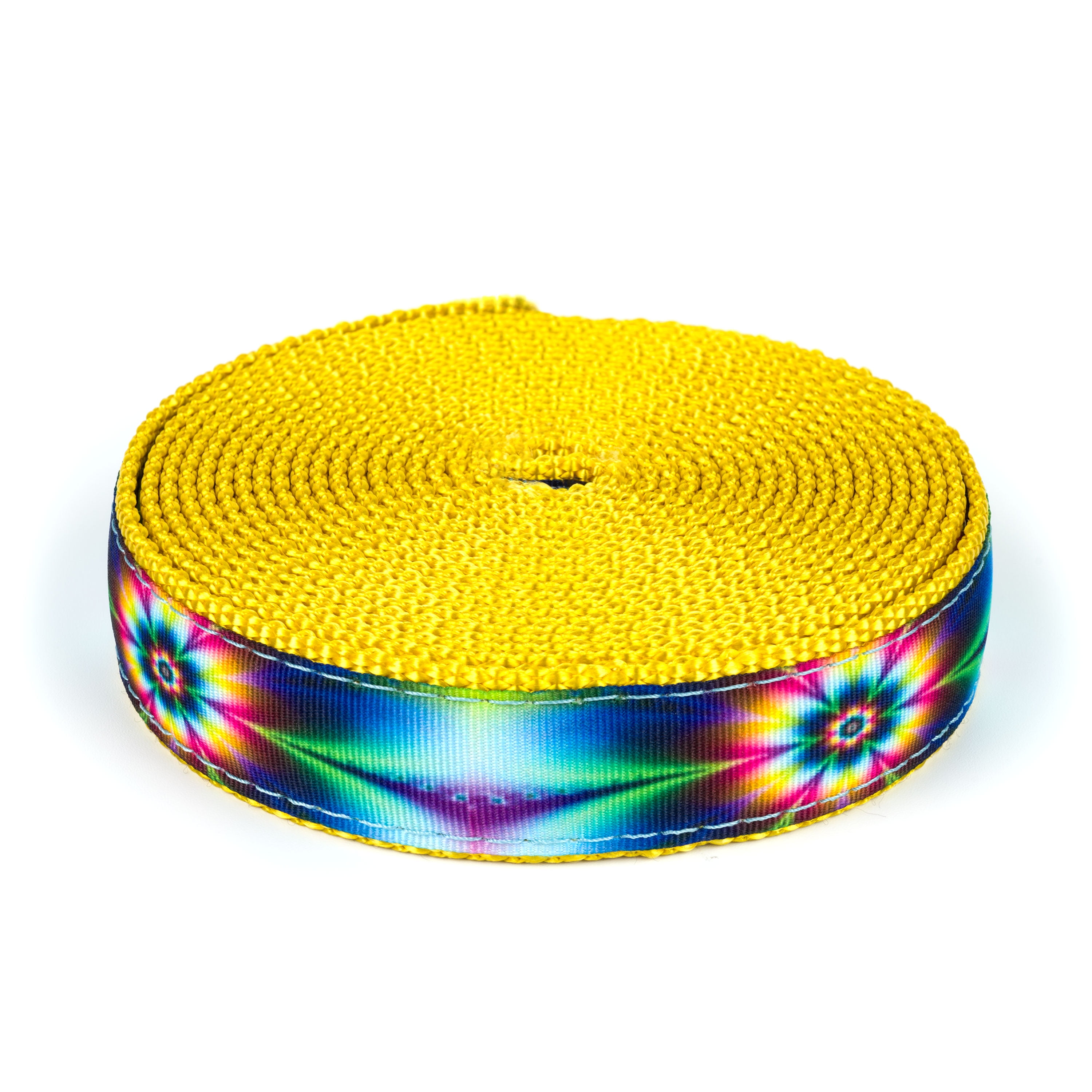 Country Brook Design® 1 inch Tie Dye Flowers on Gold Nylon Webbing, 20 Yards