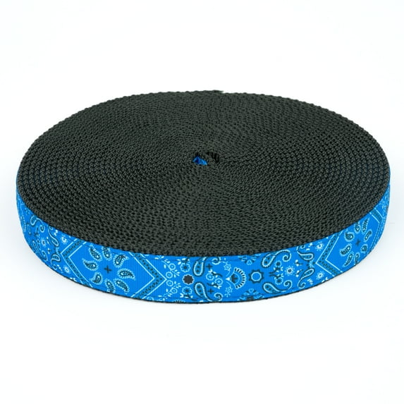 Country Brook Design® 3/4 inch Blue Bandana Ribbon on Black Nylon Webbing, 50 Yards