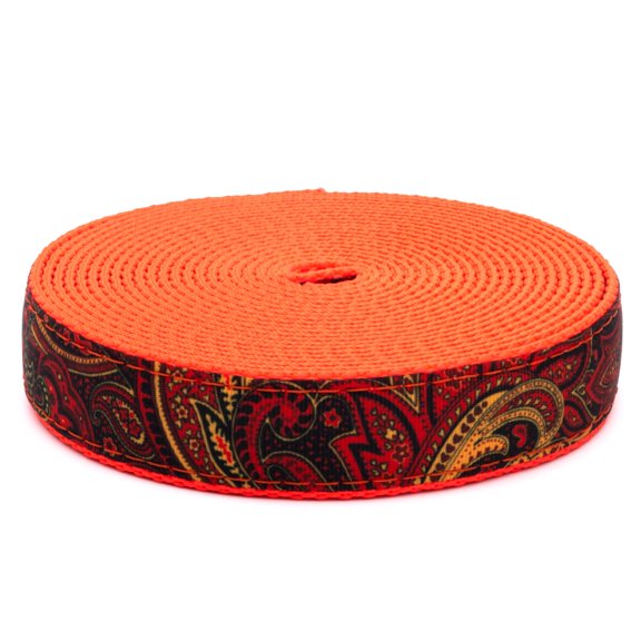 Country Brook Design® 3/4 inch Fire Paisley on Neon Orange Nylon Webbing, 10 Yards