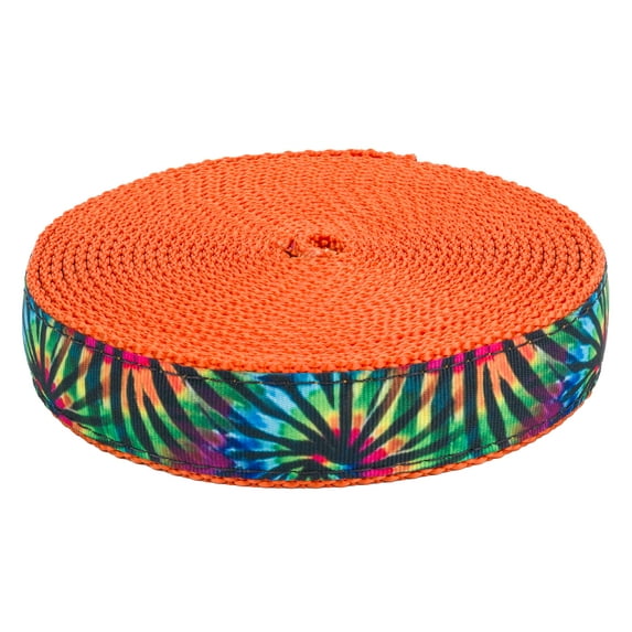 Country Brook Design® 3/4 inch Tie Dye Stripes Ribbon on Orange Nylon Webbing, 50 Yards