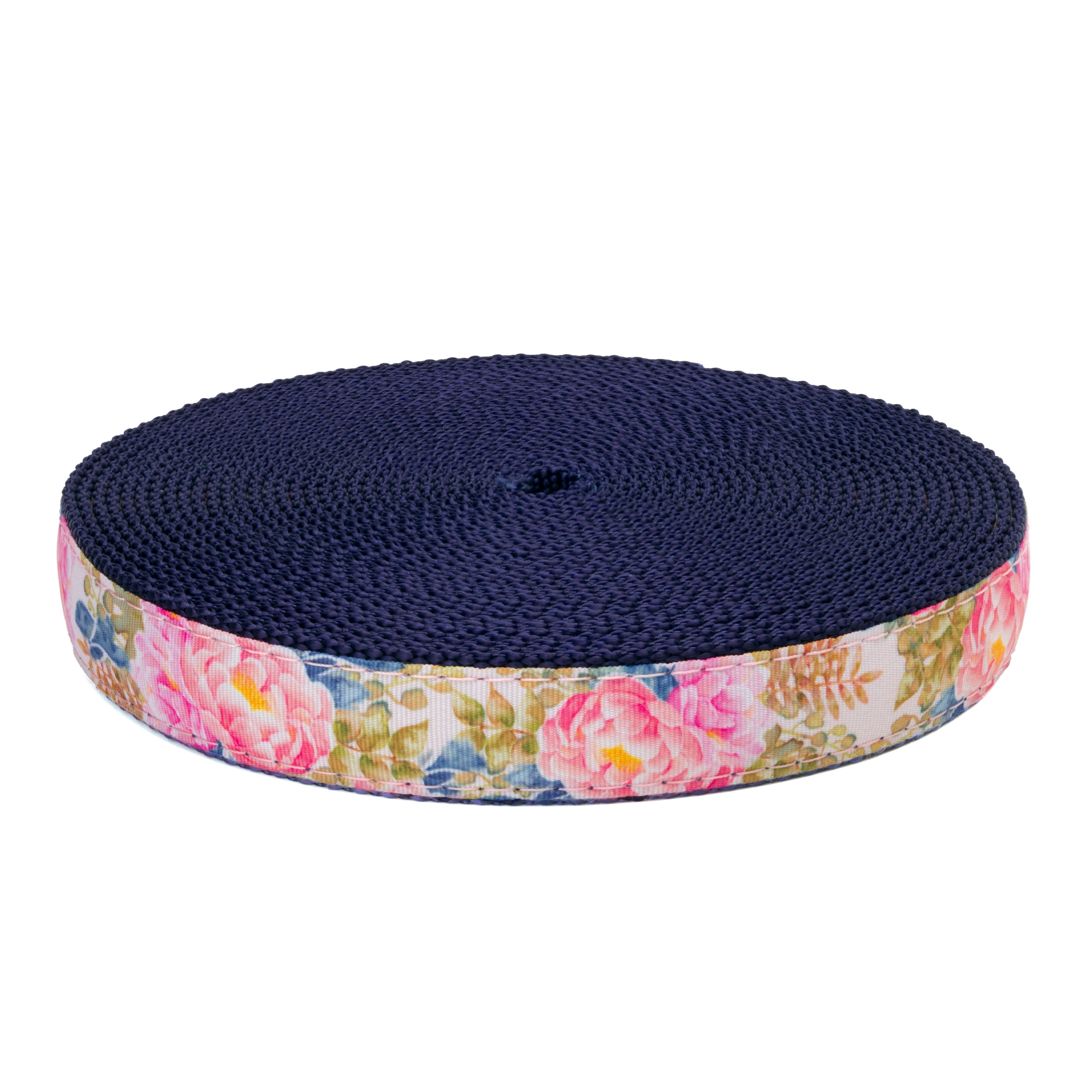 Country Brook Design® 3/4 inch Watercolor Peonies Ribbon on Navy Blue Nylon Webbing, 10 Yards