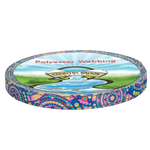 Country Brook Design - 5/8 Inch Blue Boho Mandala Reflective Polyester Webbing