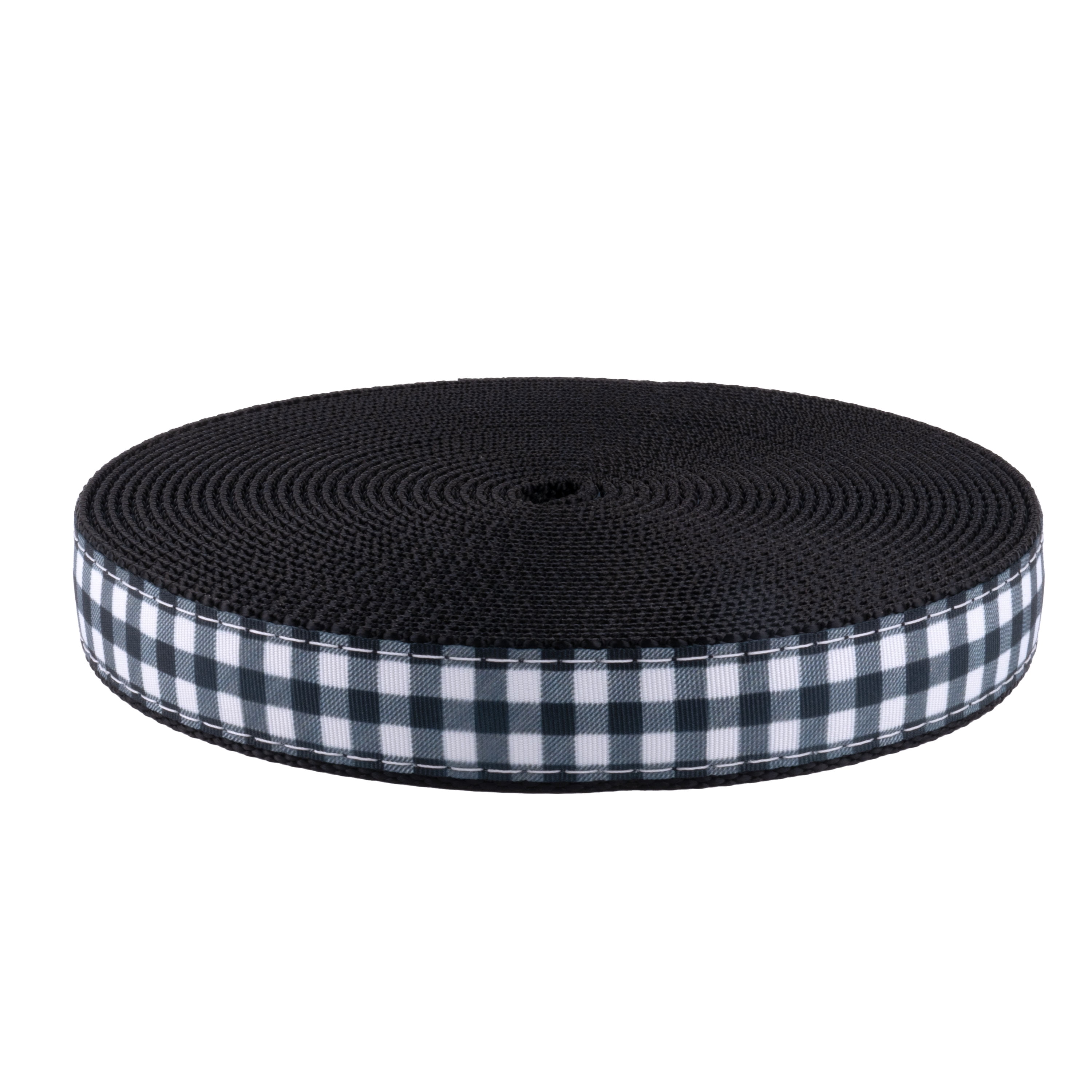 Country Brook Design - Black & White Buffalo Plaid Ribbon on Black Nylon Webbing (1 Inch, 10 Yards)