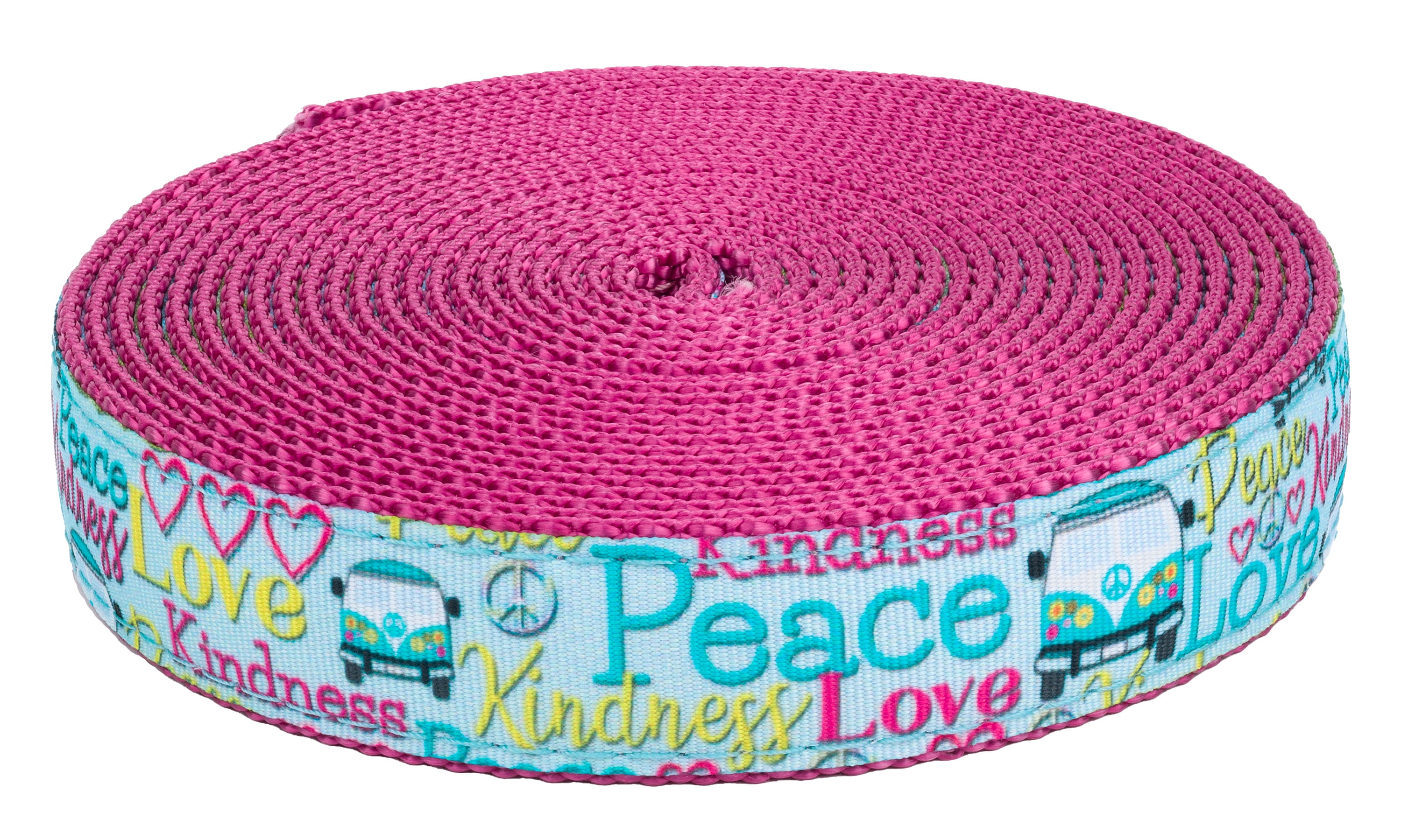 Country Brook Design - Love and Peace Ribbon on Rose Nylon Webbing (1 Inch, 10 Yards)