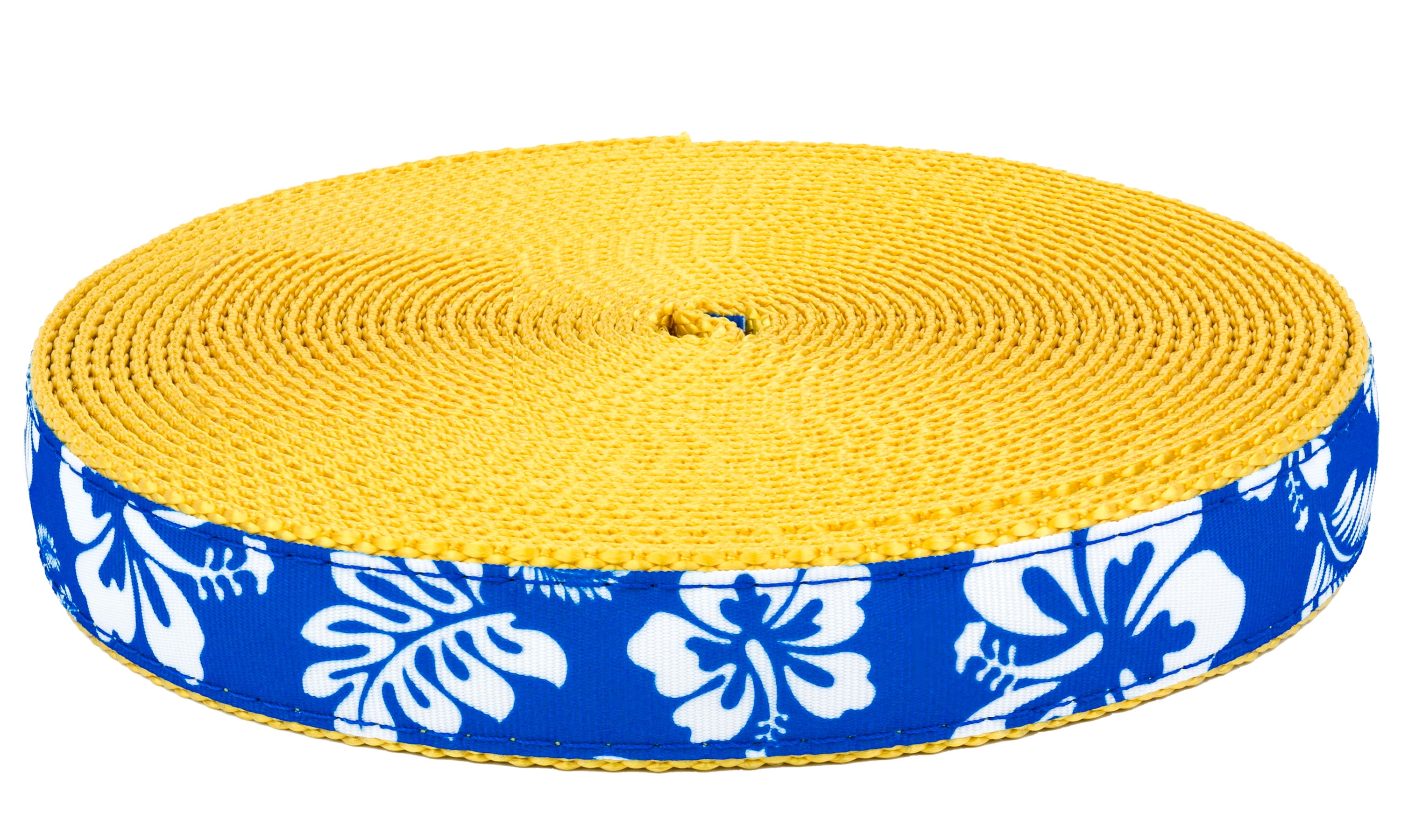 Country Brook Design - Royal Blue Hawaiian on Gold Nylon Webbing (1 Inch, 20 Yards)