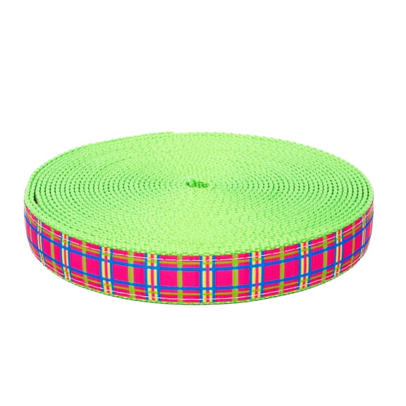 Country Brook Design - Spring Pink Plaid on Hot Green Nylon Webbing (1 Inch, 10 Yards)