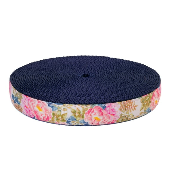 Country Brook Design - Watercolor Peonies Ribbon on Navy Blue Nylon Webbing (1 Inch, 5 Yards)