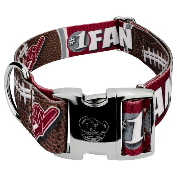 Country Brook Petz® 1 1/2 inch Premium Crimson and White Football Fan Dog Collar Limited Edition, Large