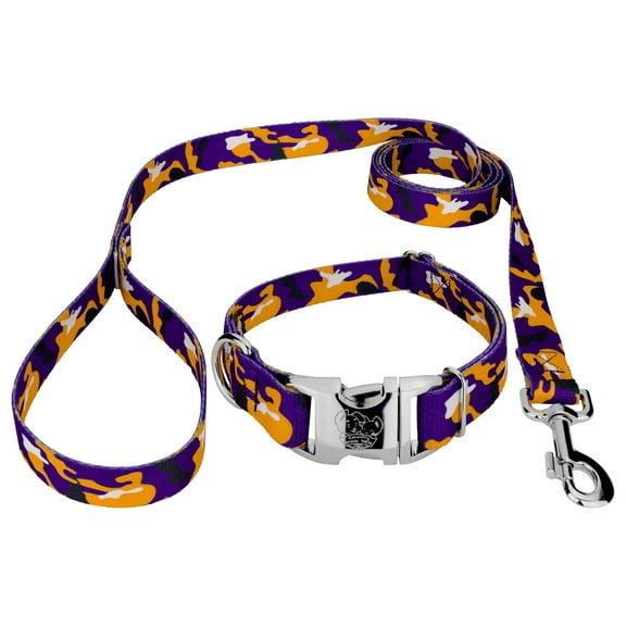Country Brook Petz® Premium Purple and Gold Camo Dog Collar and Leash Limited Edition, Small