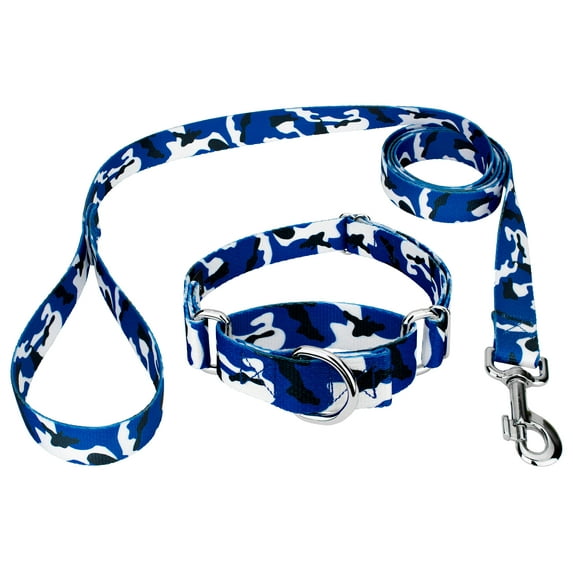 Country Brook Petz® Royal Blue and White Camo Martingale Dog Collar and Leash, 2XS