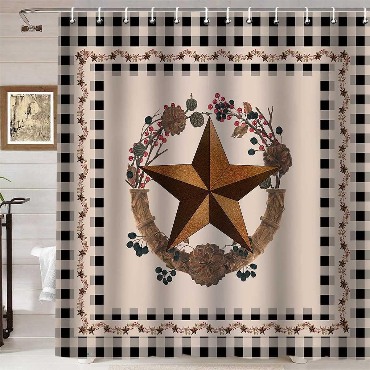 Autumn Fall Shower Curtain Set - Rustic Barn & Stars Design, 69x70 Inch Fabric With 12 Hooks