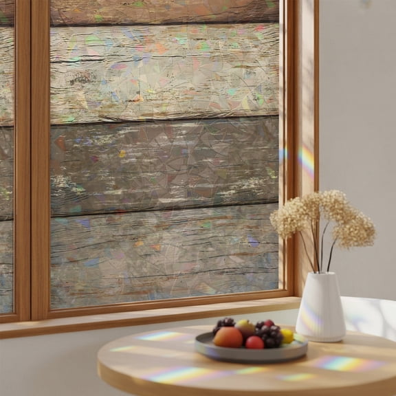 Country Brown Wood Board Window Privacy Film,Heat Control Sun Blocking Static Cling Rainbow Film,Farmhouse Vintage Plank Non-Adhesive Glass Sticker Door Window Tint,17.7" x 39.3"