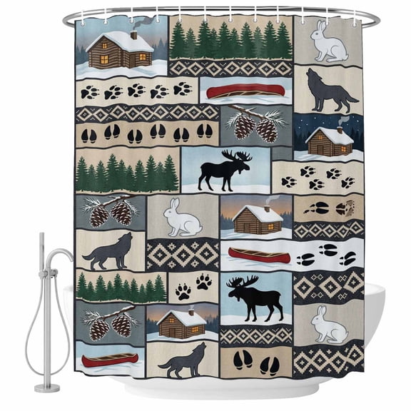 Country Cabin Shower Curtain Set - Long 72" x 84" Washable Bathtub Curtain with 12 Hooks, Boho Farm Barn Elk Rabbit Tree Paw Print Waterproof Fabric Stall Shower Curtains for Bathroom/Bathtub Décor