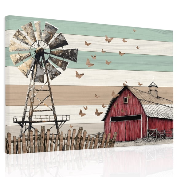 Country Canvas Print Wall Art, Windmill Farmhouse Butterfly Wood Grain Wall Decor Modern Artwork Paintings Pictures for Living Room Framed and Stretched Ready to Hang, 24" x 32"
