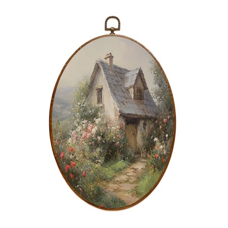Country Canvas Wall Art Farmhouse Country Cottage Pastoral Nature Landscape Vintage Farm House Oval Framed Canvas Prints Vintage Wall Hanging Decor for Home Decorations 8.6"x11.4"