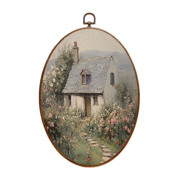 Country Canvas Wall Art Farmhouse Country Cottage Pictures Pastoral Nature Landscape Vintage Farm House Oval Framed Canvas Prints Vintage Wall Hanging Decor for Home Decorations 8.6"x11.4"