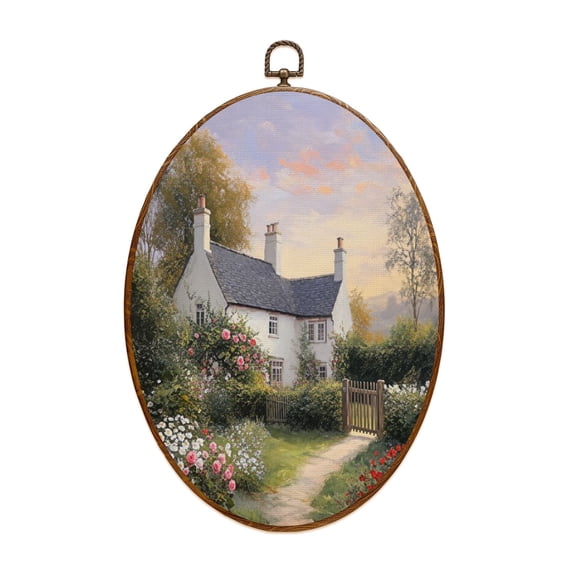 Country Canvas Wall Art French Farmhouse Cottage Garden Classical Vintage Nature Landscape Country Oval Framed Canvas Prints Vintage Wall Hanging Decor for Home Decorations 8.6"x11.4"