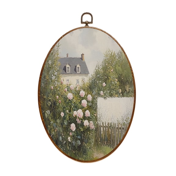 Country Canvas Wall Art Vintage Cottage Rose Garden Landscape Rustic Spring Aesthetic Roses House Oval Framed Canvas Prints Vintage Wall Hanging Decor for Home Decorations 8.6"x11.4"