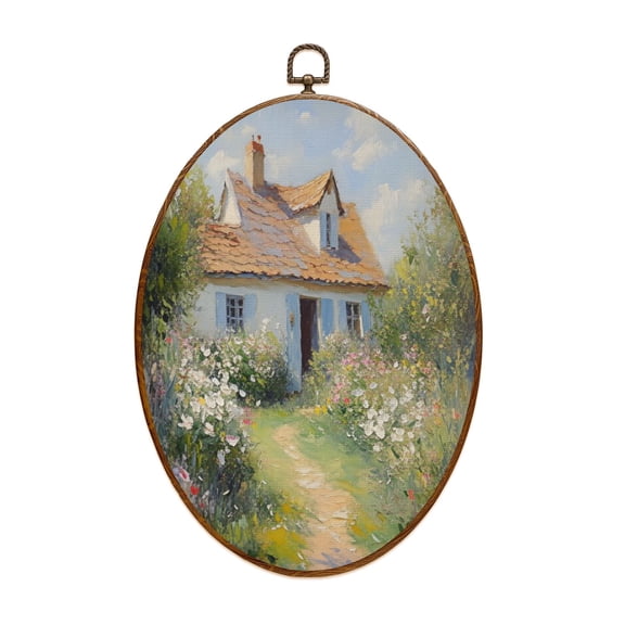 Country Canvas Wall Art Vintage Cottage Summer Country Landscape Farmhouse House Flower Garden Oval Framed Canvas Prints Vintage Wall Hanging Decor for Home Decorations 8.6"x11.4"