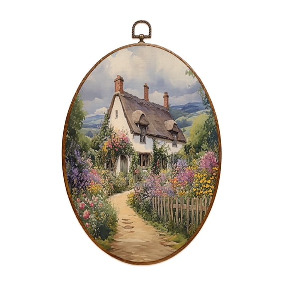 Country Canvas Wall Art Vintage Landscape Art Rustic Cottage Garden Wildflower Aesthetic Oval Framed Canvas Prints Vintage Wall Hanging Decor for Home Decorations 8.6"x11.4"