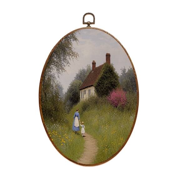 Country Canvas Wall Art Vintage Landscape Old Cottages Countryside Rustic Farmhouse Thatched Cottage Oval Framed Canvas Prints Vintage Wall Hanging Decor for Home Decorations 8.6"x11.4"