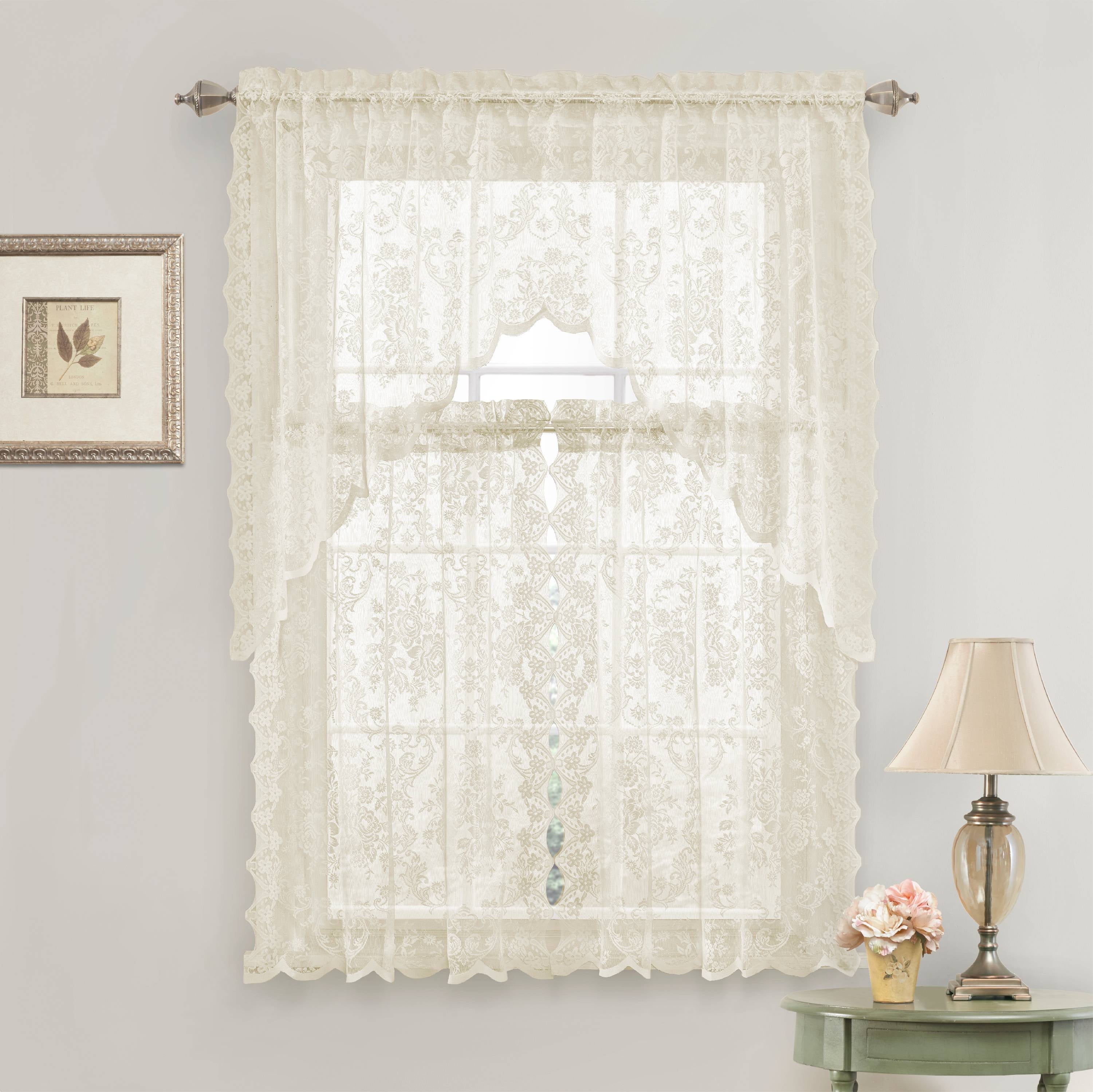 Country Chic Floral Lace Style Window Kitchen Curtain Set with Swag
