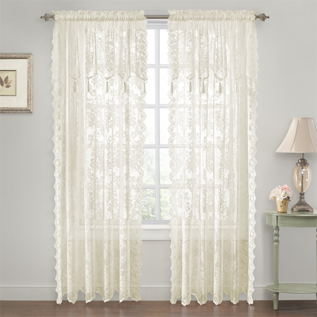 Country Chic Floral Lace Window Curtain Panel With an Attached Tassled
