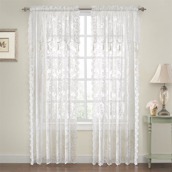 Country Chic Floral Lace Window Curtain Panel With an Attached Tassled Valance - White