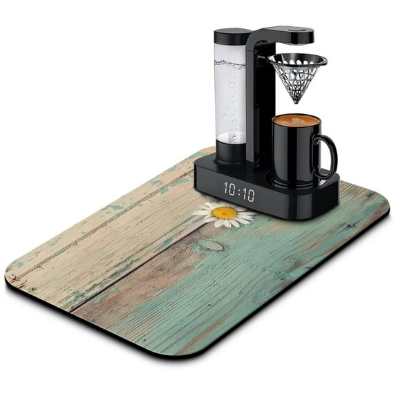 Country Chic Large Daisy Coffee Drying Mat - 19.5x12in - Rustic Wooden Plank, Fast Drying for Kitchen Countertop