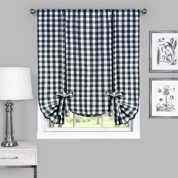Country Chic Plaid Gingham Tie Up Shade Window Curtain Treatment - Navy