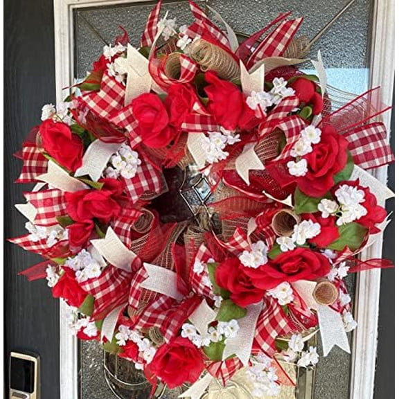 Country Chic Valentine's Day Rustic Modern Farmhouse Deco Mesh Front Door Wreath, Unique Housewarming Wedding Gift, Decoration, Porch Patio Decor, Indoor Outdoor$$Home Decor, Kitchen, & Other