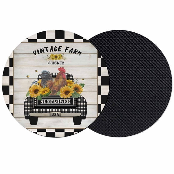 Country Chicken Coasters Set of 2, Absorbent Coasters for Drinks, Rustic Car Sunflowers Farmhouse Black White Plaid Coaster for Desk Coffee Table Protection, Home Decor House Warming Gifts 4"