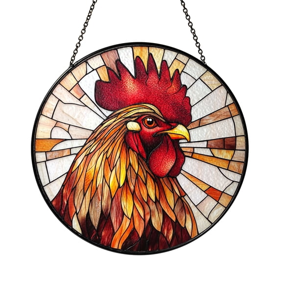 Country Chicken Farmhouse Stained Glass Style Window Hanging, Decorative Rustic Glass Art Panel