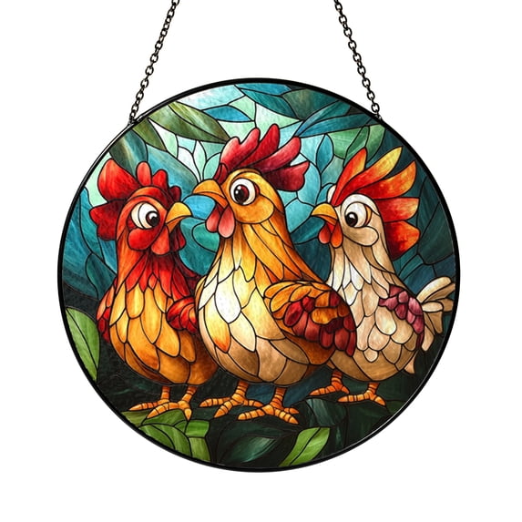 Country Chicken Illustration Stained Glass Window Decor - Walmart.com