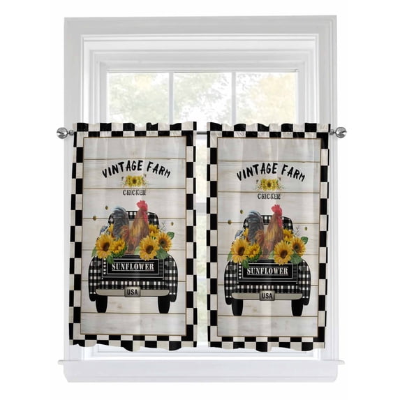 Country Chicken Living Room Curtains 2 Panel, Rustic Car Sunflowers Farmhouse Black White Plaid Cafe Window Treatment, Farmhouse Bedroom Bathroom Kitchen Curtains Drapes 104"x45"