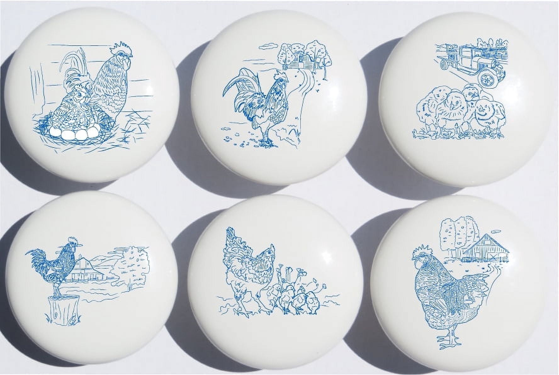 Country Chicken and Roosters Drawer Knobs Pulls in Blue Toile /Ceramic Dresser, Cupboard or Cabinet Pulls for Kitchen or Children's Nursery Room Decor