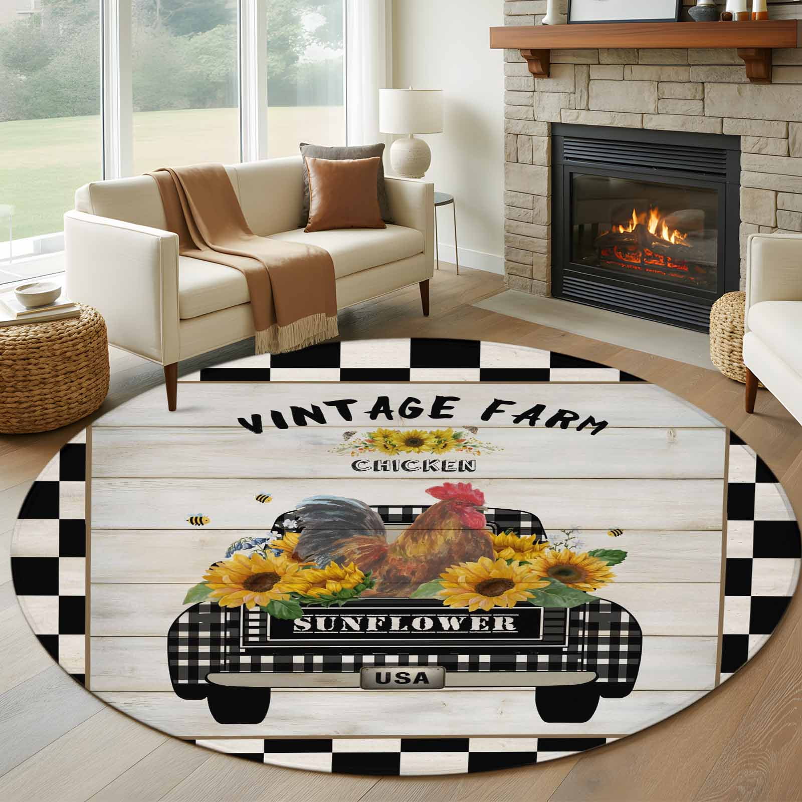 Chicken Area Rug Country Chicken Round Area Rug 7Ft Washable Circle Rugs for Dorm ...