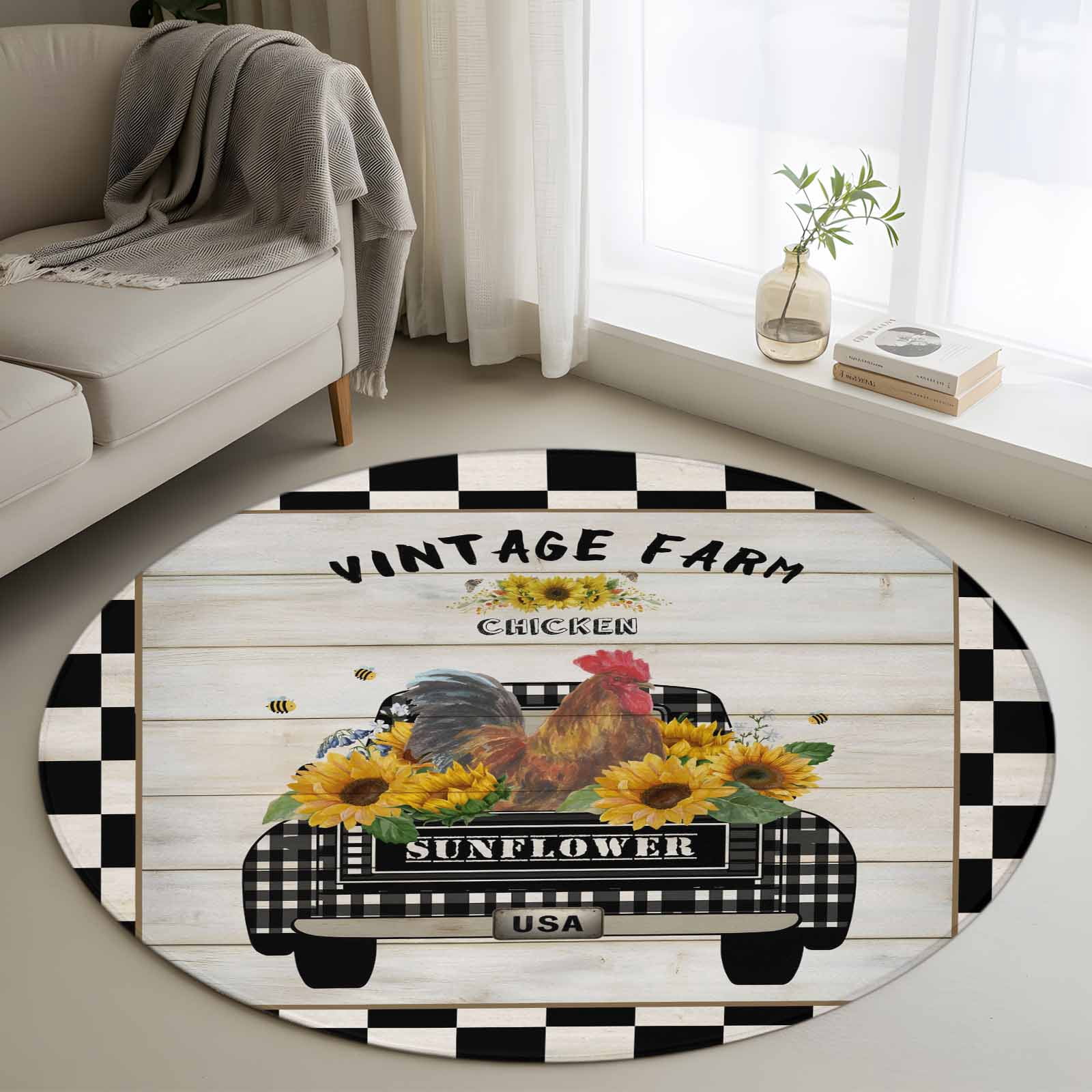 Country Chicken Round Rug 4ft Washable Circle Entryway Rugs Non Slip ...