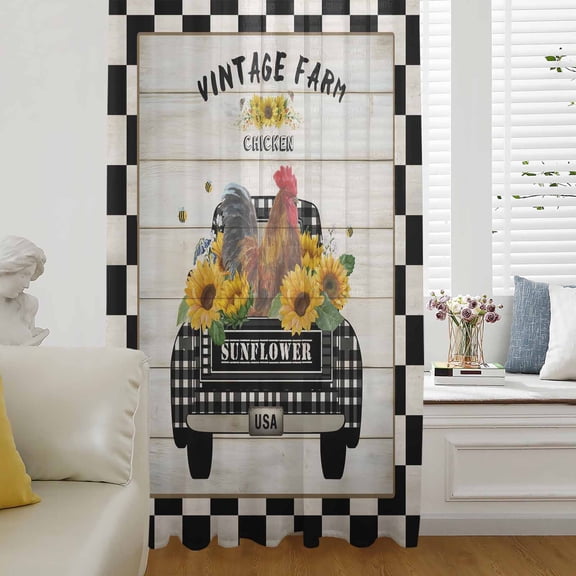 Country Chicken Semi Sheer Curtains Drapes for Living Room,Bedroom,French Doors Window 45 Inches Long,Rustic Car Sunflowers Farmhouse Black White Plaid Rod Pocket Chiffon Curtain Voile Drapery Panel