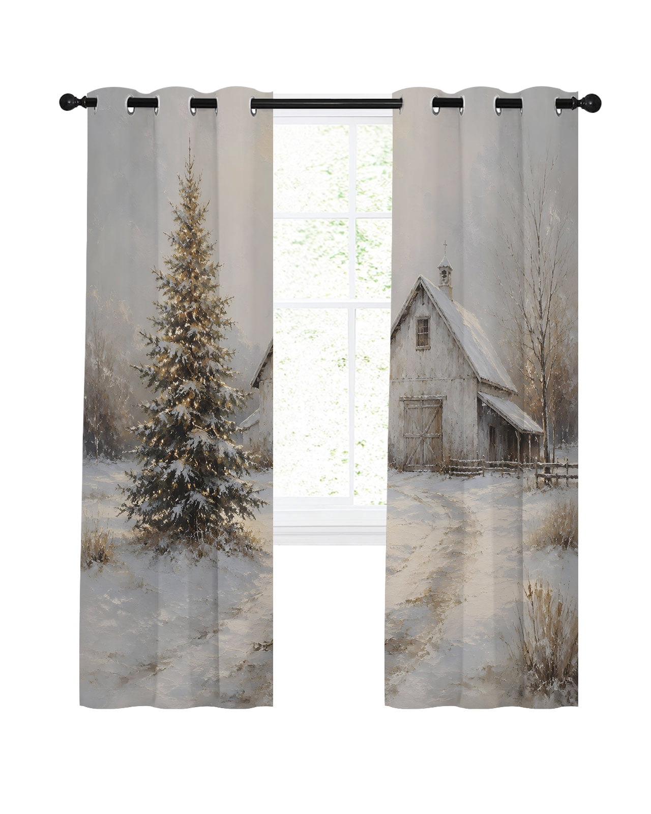 Country Christmas Blackout Curtains 84 Inches Length, Winter Rural Xmas