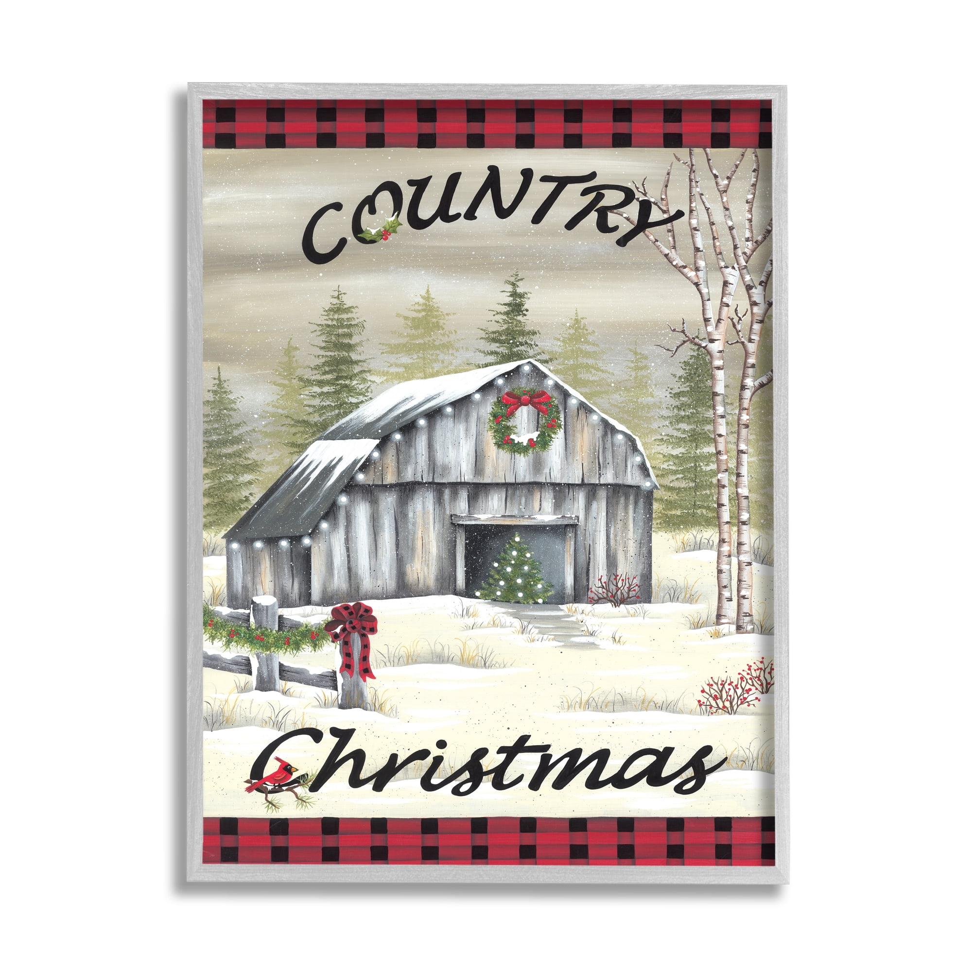 Country Christmas Festive Snowy Farmland Tartan Border Inspirational Graphic Art Framed Art Print Wall Art
