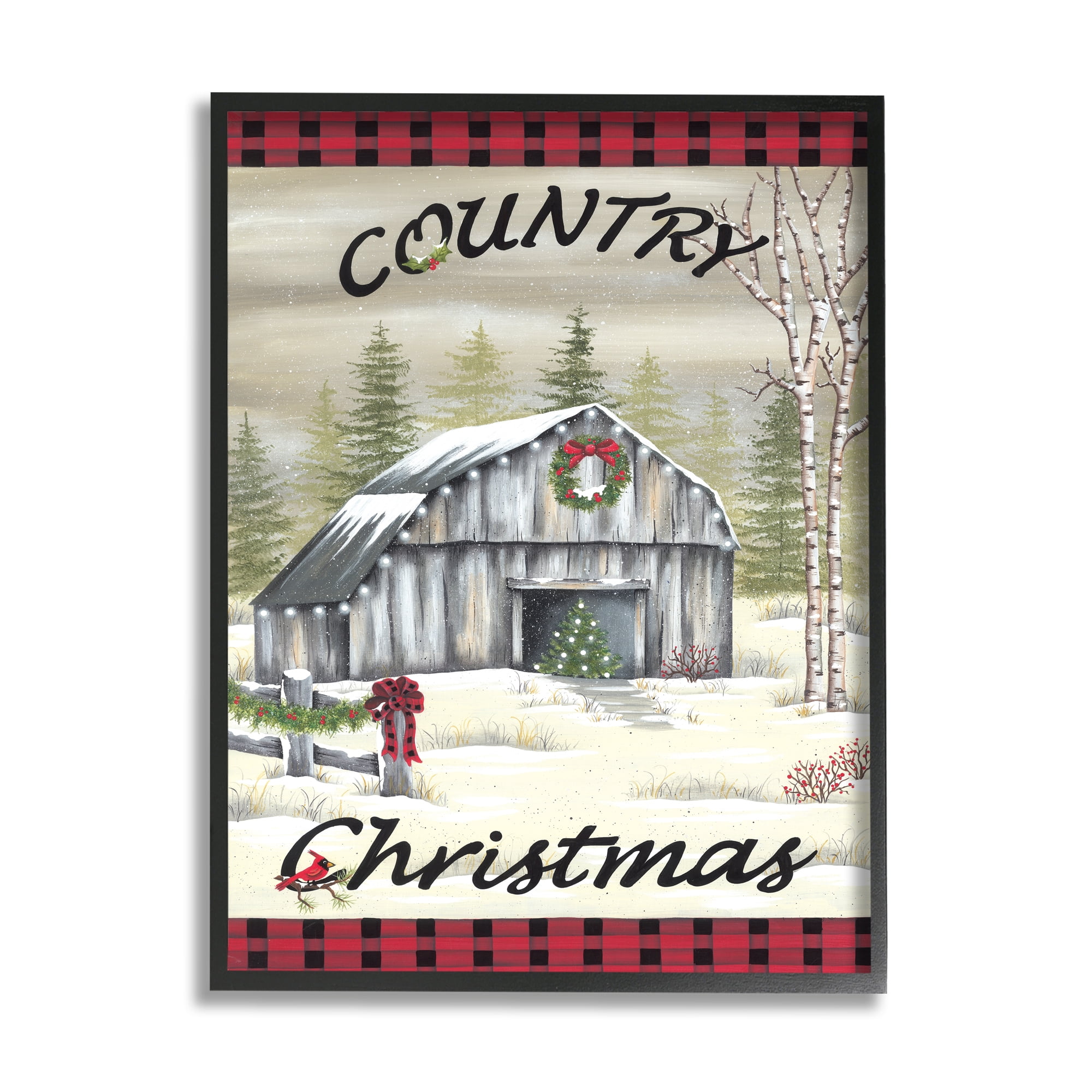 Country Christmas Festive Snowy Farmland Tartan Border Inspirational Graphic Art Framed Art Print Wall Art