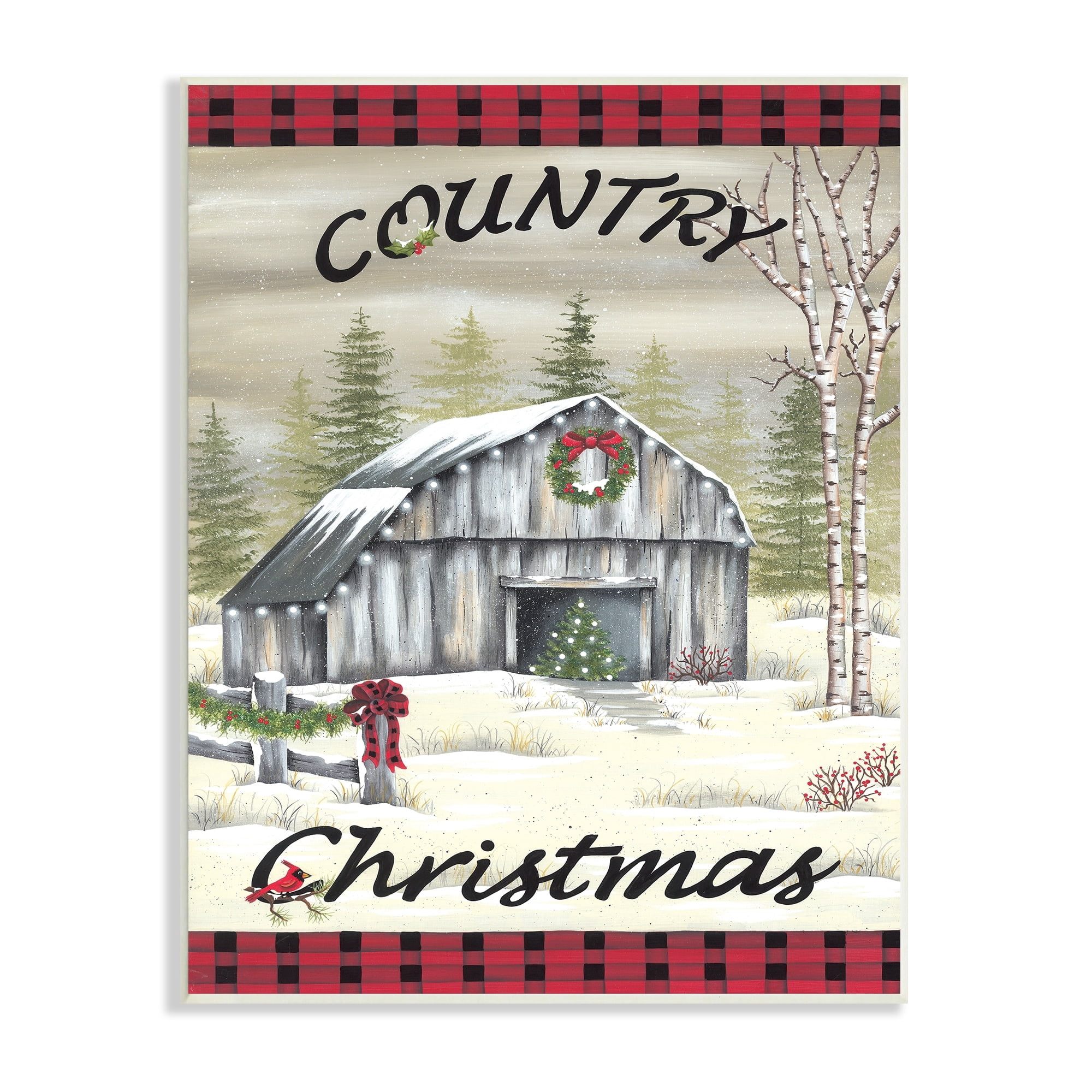 Country Christmas Festive Snowy Farmland Tartan Border Inspirational Graphic Art Unframed Art Print Wall Art