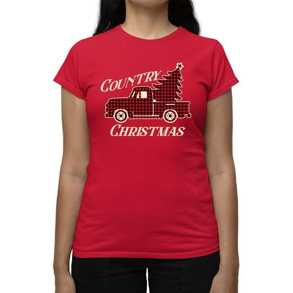 Country Christmas Plaid Truck Tee T-shirt Women's