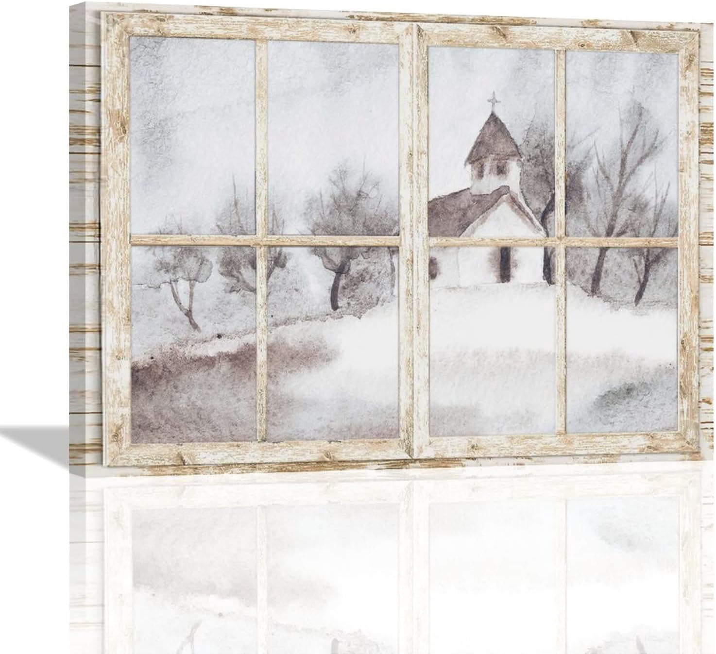 Country Church Wall Art Christian Church Pictures Wall Decor 3D Window Church Canvas Painting Print Rustic Religion Faith Farmhouse Home Decor Artworks Framed for Living Room Bedroom Office 16"x12"