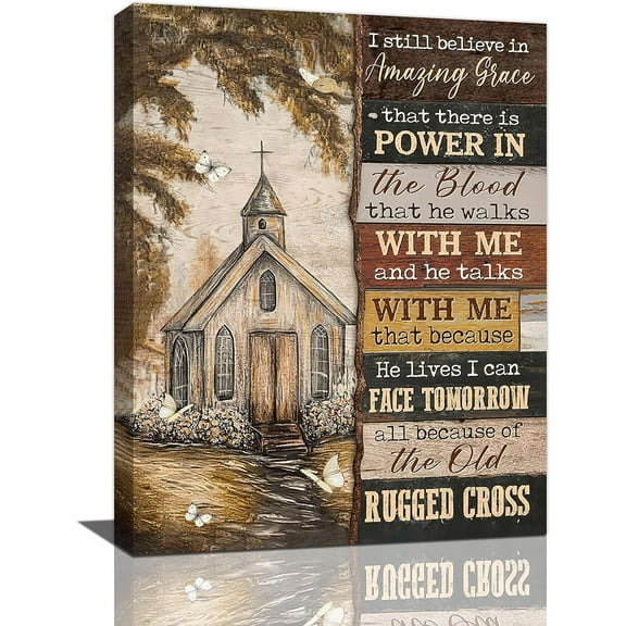 Country Church Wall Art Religious Amazing Grace Pictures Wall Decor Inspirational Motivational Canvas Prints Framed Modern Painting Artwork For Church Bathroom Kitchen Dining Room Office 12"x16"