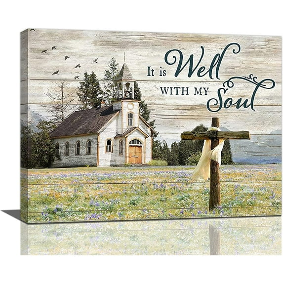 Country Church Wall Art Vintage Christian Church Cross Flower Field Pictures Wall Decor Framed Painting Canvas Print Rustic Religion Faith Home Artwork Decor for Bedroom Living Room 16"x12"