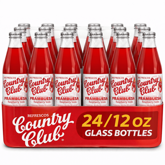 Country Club Frambuesa Raspberry Soda, 12 fl oz Glass Bottles, 24 Pack Caribbean Soft Drink
